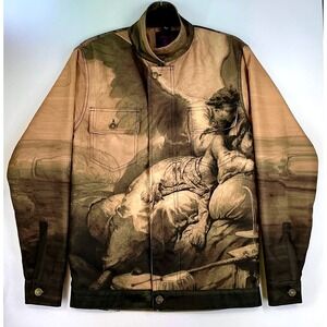 Retired She Luvs Me, She Luvs Me Not Graphic Print Jacket Size M Tan Brown Artsy